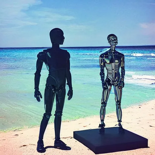 Image similar to “a realistic detailed photo of a guy who is an attractive humanoid who is half robot and half humanoid, who is a male android, Mike the Situation, shiny skin, posing like a statue, blank stare, at the beach, on display”