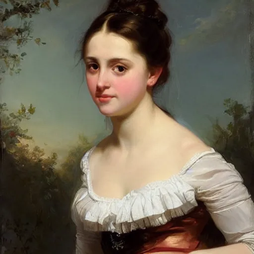 Image similar to portrait of a young woman sitting by Franz Xaver Winterhalter, high quality, highly detailed, single face, beautiful, symmetry, romanticism