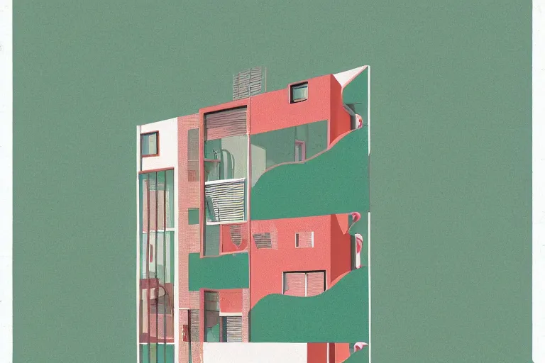 Image similar to a beautiful flat 2 dimensional illustration of a cross section of a house, view from the side, a storybook illustration by muti and james gilleard, colorful, minimalism, featured on dribble, unique architecture, behance hd, dynamic composition