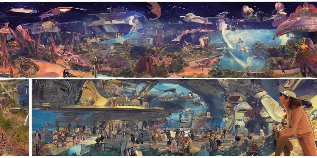 Prompt: choose your own adventure style cinema, multiple screens, astonishingly large cinema hall, detailed concept art, kids flying through the cinema, holodeck futuristic entertainment, theatre by moebius, amphitheatre crowd, incredible masterpiece