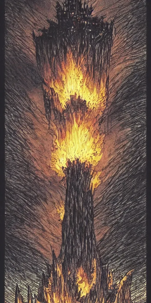 Prompt: a dark tower on fire upon a hill surrounded by a dark forest , high fantasy, drawn by Kentaro Miura, Tarot card, tarot card the tower