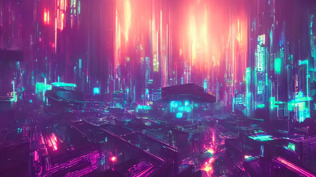 Surreal cyberpunk temple in a futuristic city