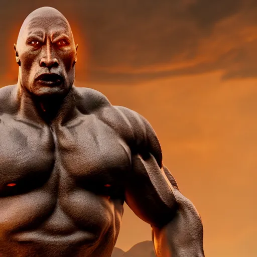 Image similar to dwayne the rock johnson demon. eldenring boss, zbrush, arnold render, unrealengine 5, dark souls, horror, extremely detailed