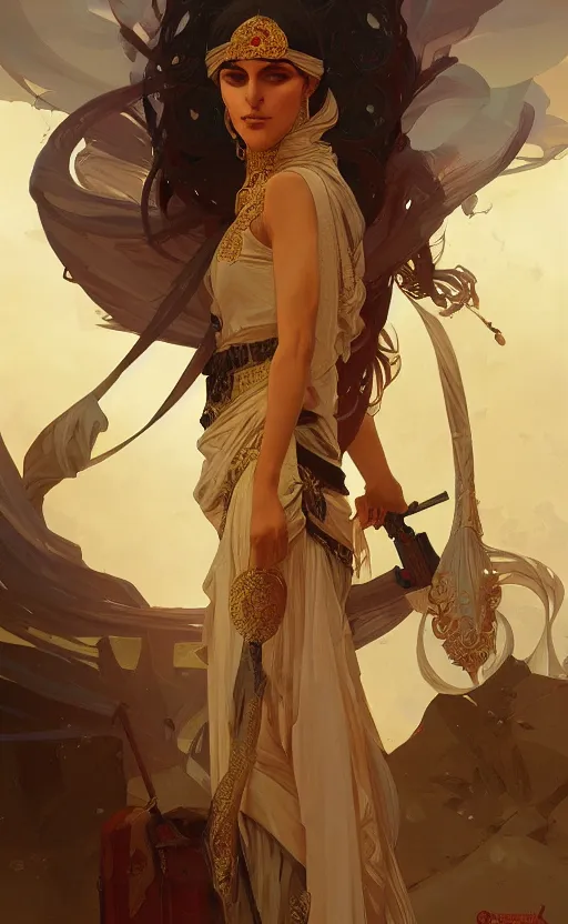 Image similar to a personification of the middle east, highly detailed, digital painting, artstation, concept art, sharp focus, illustration, art by greg rutkowski and alphonse mucha