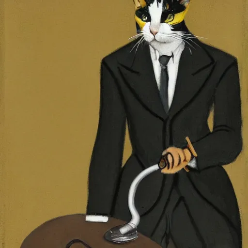 Prompt: cat in suit smoking a pipe, portrait,