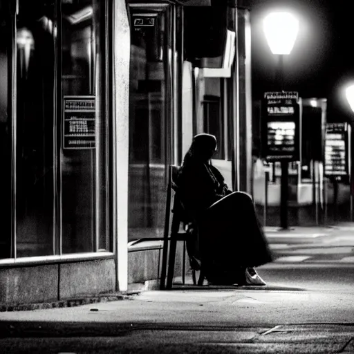 Image similar to a woman waiting for the bus at a lonely street at night, the street light is the only light on the street, lonely atmosphere, empty city, in the style of Edward Hopper, 4k,