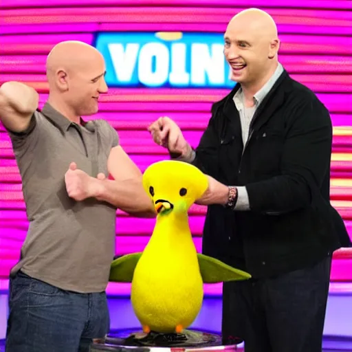 Image similar to tv show bald contestant with giant ears winning a duck on tv show wheel or no wheel