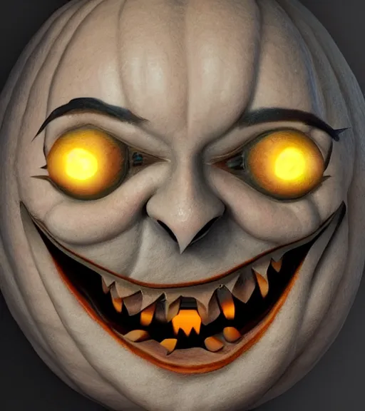 Image similar to a tim burton design of a spooky carved pumpkin face, laughing, detailed game art illustration, menacing, creepy lighting, 4 k artstation, masterpiece