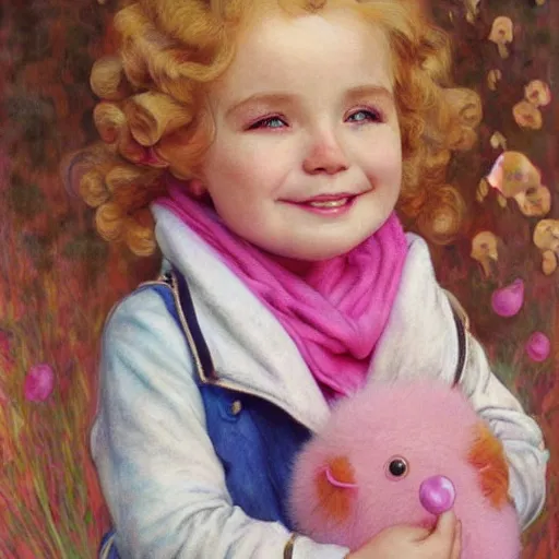 Prompt: a beautiful [[smiling]] little blonde toddler girl with short loosely curly hair, at the park on a beautiful day, holding a round all-pink stuffed penguin, by Artgerm, Mucha Klimt, Hiroshi Yoshida and Craig Mullins, featured on Artstation, CGSociety, Behance HD, Deviantart