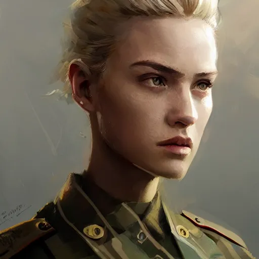 Prompt: Portrait of a woman by Greg Rutkowski, she is about 20 years old, athletic tomboy, attractive, military composure, short blonde hair, russian, she is wearing futuristic military fatigues, highly detailed portrait, digital painting, artstation, concept art, smooth, sharp foccus ilustration, Artstation HQ.