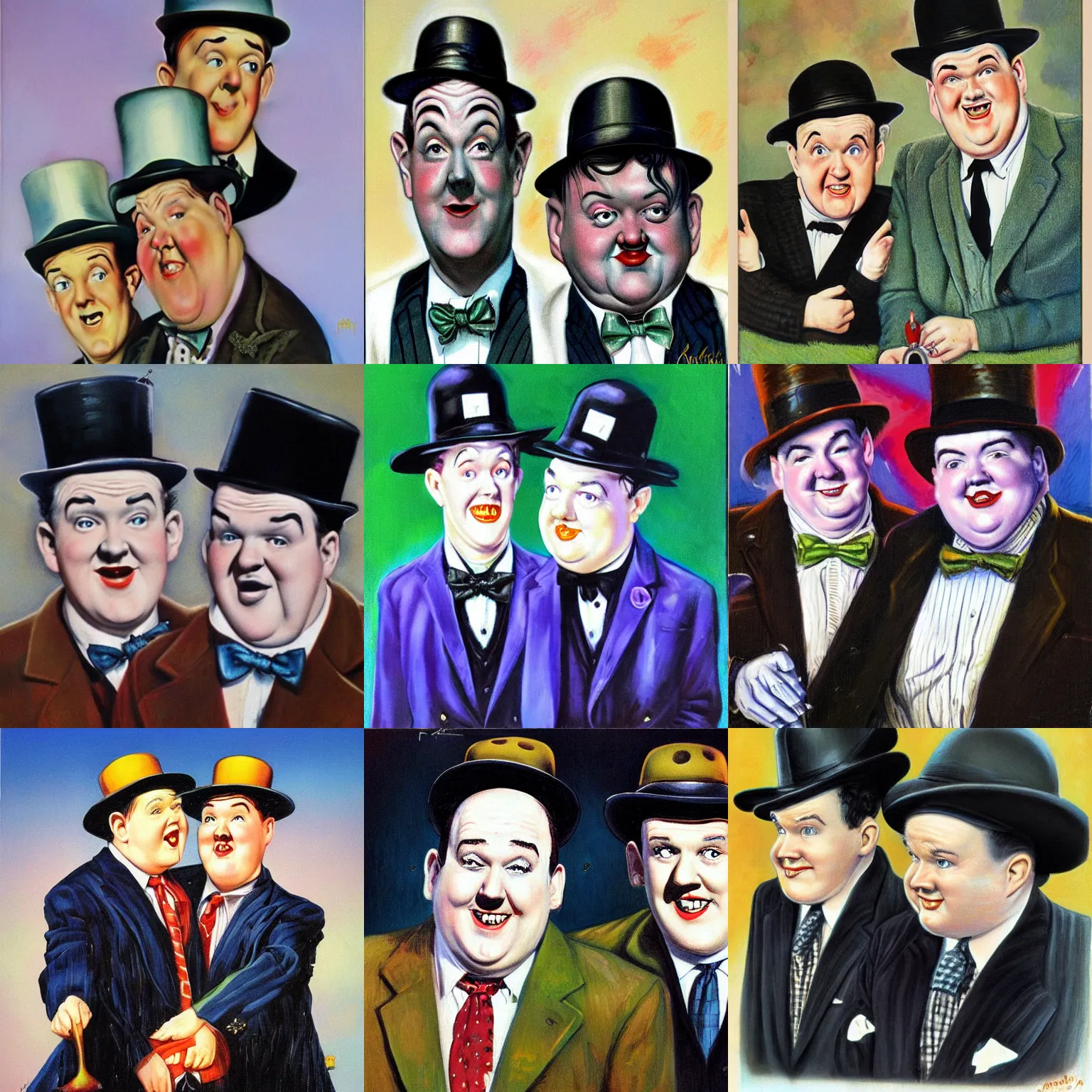 Image similar to A portrait of Stan Laurel and Oliver Hardy in hats by Frank Kelly Freas