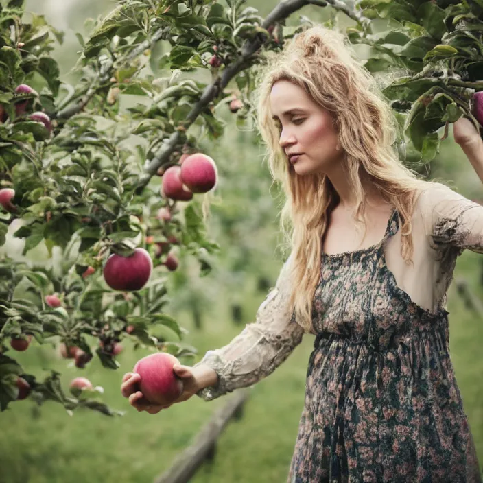 Prompt: a closeup portrait of a woman wearing spiderwebs, picking apples from a tree in an orchard, foggy, moody, photograph, by vincent desiderio, canon eos c 3 0 0, ƒ 1. 8, 3 5 mm, 8 k, medium - format print