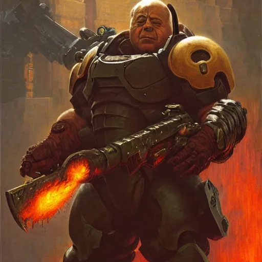 Image similar to Danny DeVito Doom Slayer, rip and tear until it is done, by gaston bussiere, craig mullins, Simon Bisley