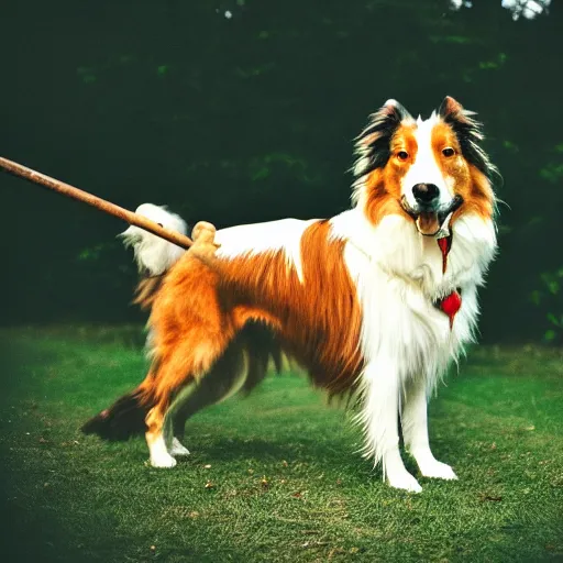 Prompt: collie with huge stick balanced horizontally, film grain, specular highlights, wide angle lens, cinematic