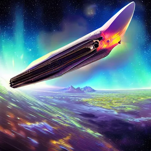 Image similar to spaceship launching into space full throttle, surrealist environs, digital art