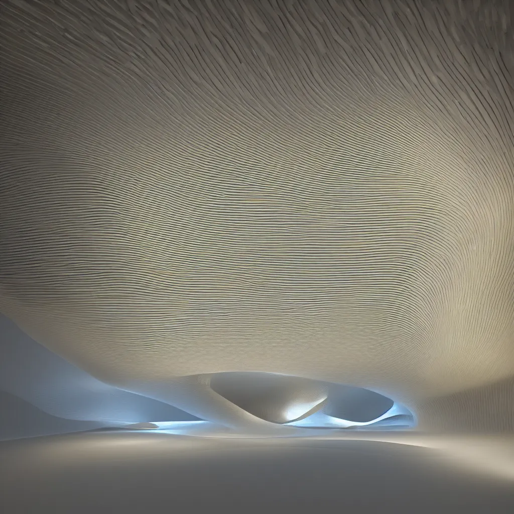 Prompt: an incredibly smooth curvilinear parametric volumetric interior architectural sculpture, a reflective golden pool on the ground is envelope by folding white surfaces, blue light, visually satisfying architecture render