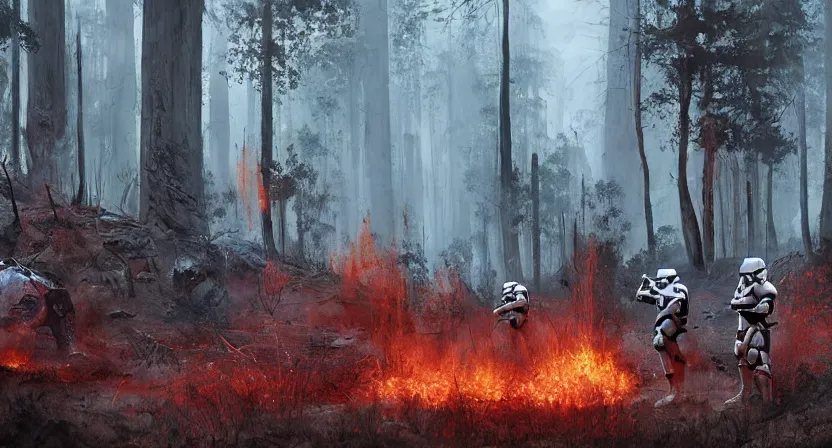Image similar to imperial stormtroopers shooting red blaster bolts in a burned lifeless forest with burned trees and plants concept art by Doug Chiang cinematic, realistic painting, high definition, digital art, symmetrical, very detailed, extremely high detail, photo realistic, concept art, unreal engine 5, the Mandalorian concept art style