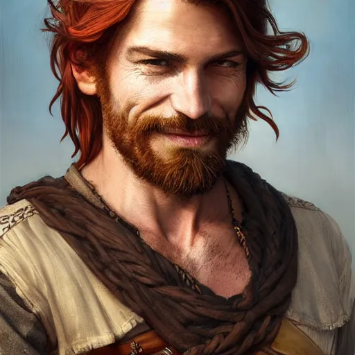 Image similar to portrait of a young ruggedly handsome but cantankerous pirate, male, masculine, upper body, red hair, long hair, d & d, fantasy, bashful smirk, intricate, elegant, highly detailed, digital painting, artstation, concept art, matte, sharp focus, illustration, art by artgerm and greg rutkowski and alphonse mucha