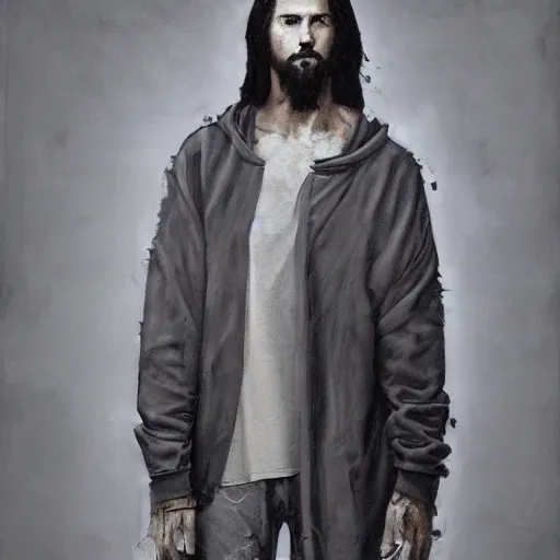 Prompt: a full body lookbook portrait of modern - day jesus wearing grey yeezy and fear of god menswear collection by nicola samori, detailed, oil painting, hyper - realistic, 8 k, yeezy collection