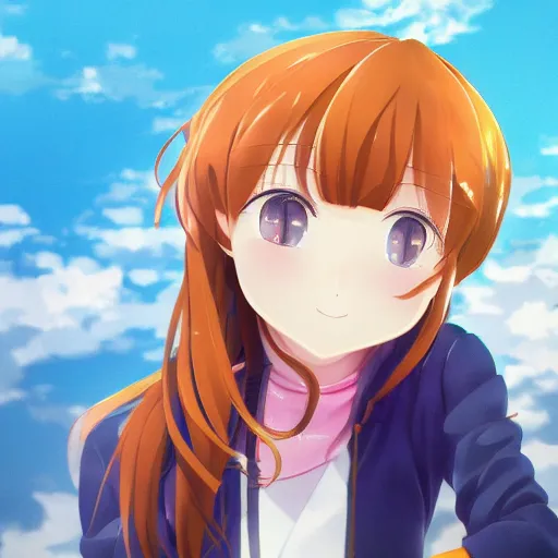 Image similar to a high detail portrait of high school girl by makoto sinkai, kyoto animation, kawaii, full body, in simple background, CLIP STADIO, mad painting