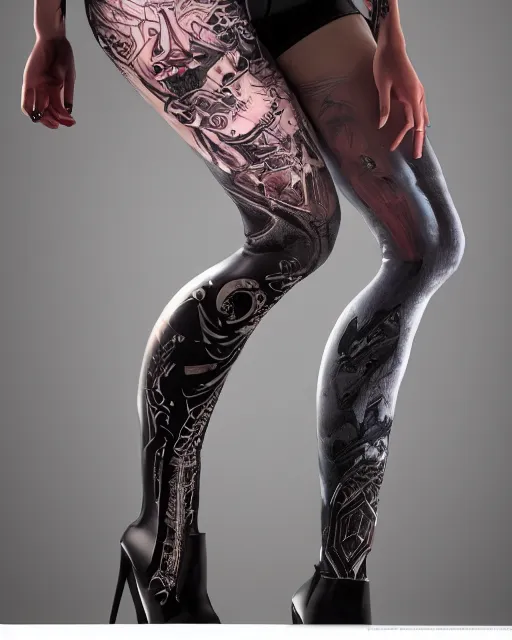 Prompt: Perfect leggings pattern imitating tattooes, focus on the pants and boots with graved runes, close-up on legs, highly detailed, digital painting, artstation, concept art, smooth, sharp focus, illustration, art by Artgerm and Hajime Sorayama