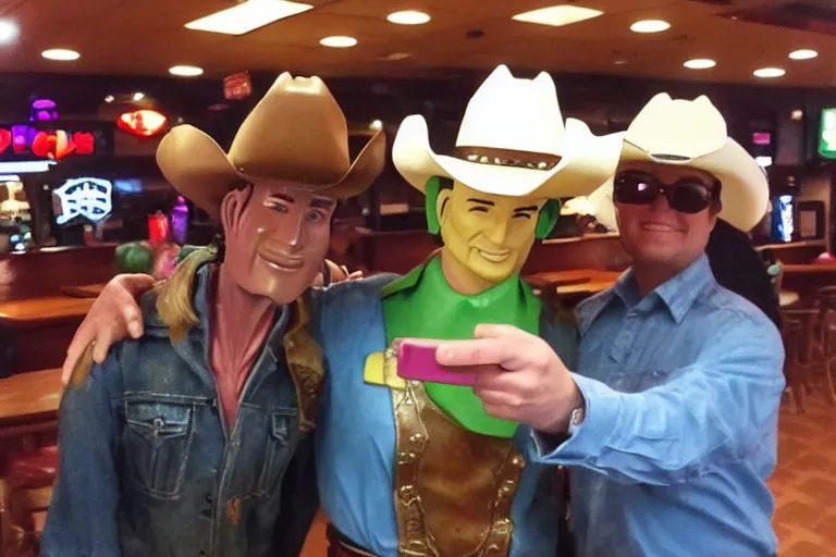 Prompt: taking a selfie with a plastic cowboy at an applebee's, cell phone photo