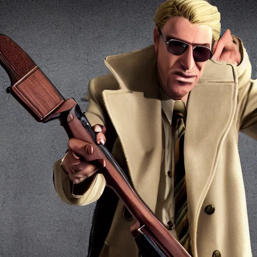 Prompt: blonde Viktor Reznov from Call of Duty: World at War with a beige coat as The American Psycho, a blonde goatee, short hair, beige fedora, and sunglasses, holding a wooden AWP, photorealistic, dramatic lighting, establishing shot