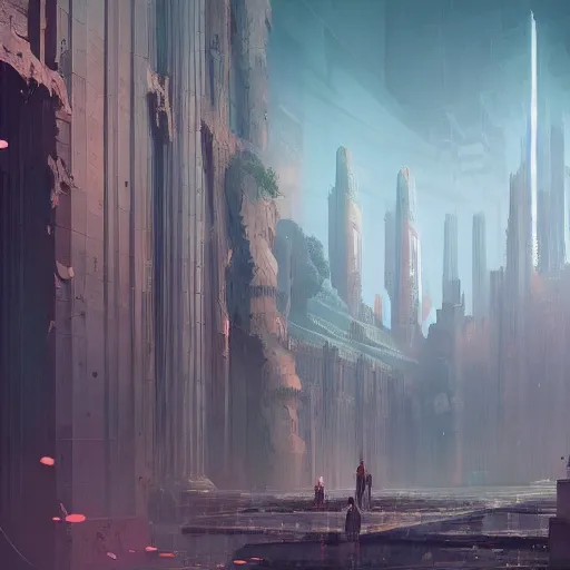 Image similar to gigantic city with pillars and long walls, darkness lurks within, artwork by tooth wu and wlop and beeple and greg rutkowski