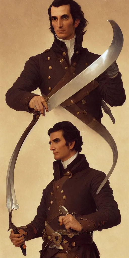 Image similar to portrait of simon bolivar holding a sword, intricate, elegant, highly detailed, digital painting, artstation, concept art, smooth, sharp focus, illustration, art by artgerm and greg rutkowski and alphonse mucha and william - adolphe bouguereau