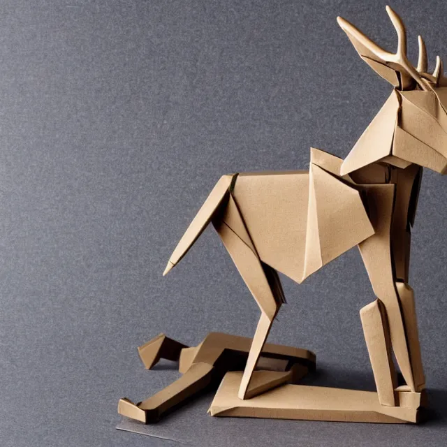 Image similar to a photograph of a deer origami and a robot origami on top of a wooden table