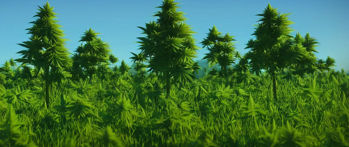 Prompt: 3 d render low poly art, cannabis trees and flowers, field of stoner dreams, unreal engine, dreamy, bokeh