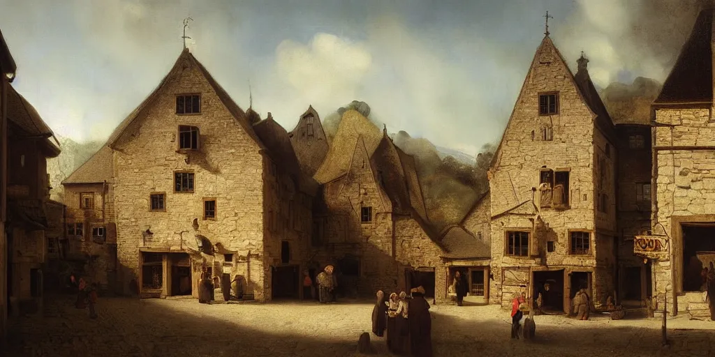 Prompt: a beautiful oil painting of an apple store in the middle of a medieval village by Rembrandt and Dino Valls and George Stubbs and Greg Rutkowski
