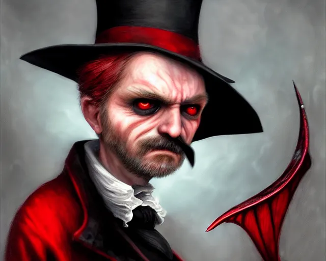 Prompt: closeup profile portrait of jack the ripper with glowing red eyes and bat wings, nicoletta ceccoli, mark ryden, lostfish, max fleischer, hyper realistic, artstation, illustration, digital paint, matte paint, vivid colors, bright, cheerful, detailed and intricate environment