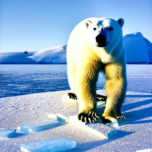 Image similar to a photo of a skinny polar bear beside a block of ice, on a tiny pacific island, beautiful desert island, national geographic