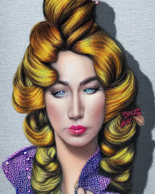 Image similar to a young woman with an extravagant hair style, colored pencil highly realistic rendering graphic collage in the style of Erica Rose Levine