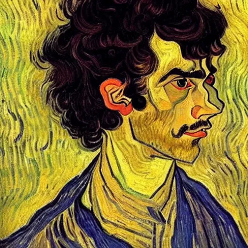 Prompt: painting of handsome beautiful dark medium wavy hair man in his 2 0 s, dressed as an oracle, looking upward to the heavens above, slight smile, foreseeing the future, elegant, clear, painting, highly stylized, art by vincent van gogh, egon schiele