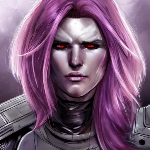 Prompt: extreme close up portrait, pale woman with flowing purple hair in rusty sci - fi power armor, high detail, eyepatch, stoic, elegant, muscles, powerful, commanding, by stjepan sejic, sunstone, dc comic, marvel comic
