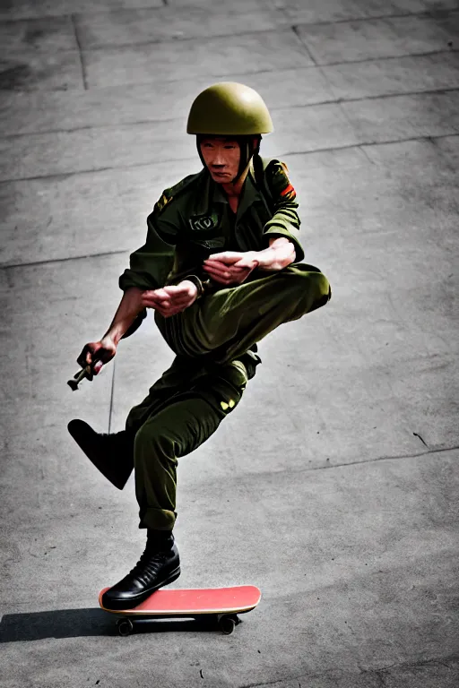 Image similar to vietnam soldier playin skateboard, photorealistic, smooth, 4 k, aesthetic lighting, baroque object, hyperdetailed, professional photography, pullitzer winning, photo by : canon eos 5 d mark iv, by karah mew and adnan abidi