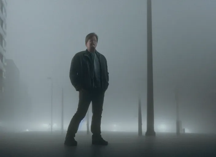 Image similar to film footage of giant michael j. fox in a foggy city, eerie, monster movie, 8 k, 8 5 mm f 1. 8, studio lighting, rim light, right side key light