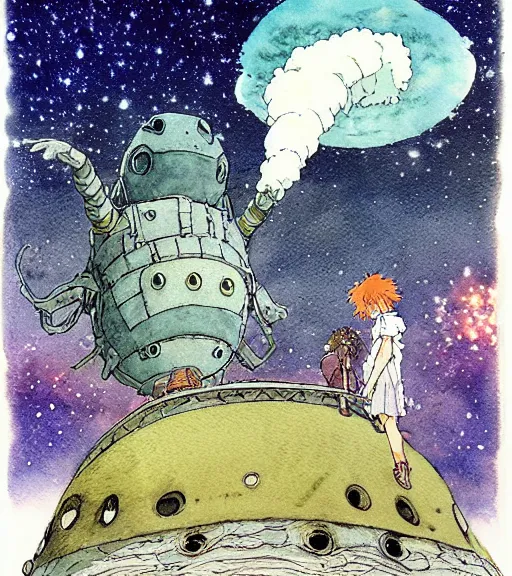 Image similar to hyperrealist studio ghibli watercolor fantasy concept art of an immense ufo from howl's moving castle sitting on stonehenge like a stool. it is a misty starry night. by rebecca guay, michael kaluta, charles vess