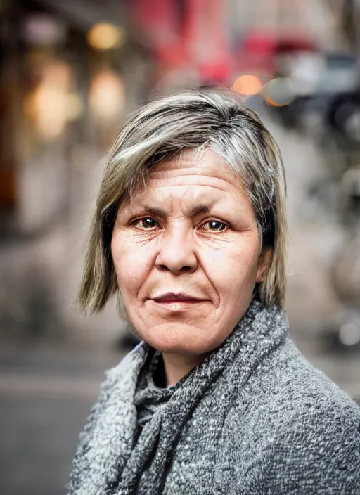 Image similar to Mid-shot portrait of a 50-year-old woman from Norway with short hair, candid street portrait in the style of Martin Schoeller award winning, Sony a7R