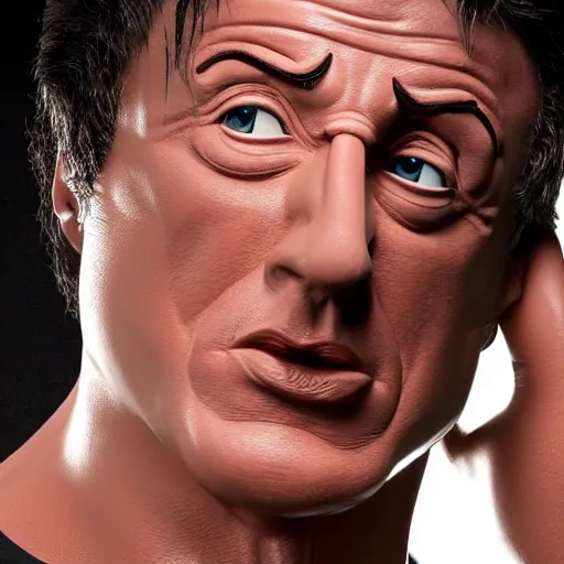 Prompt: animatronic Sylvester Stallone, exposed mechanics, photo, Stan Winston studios, detailed, 4k