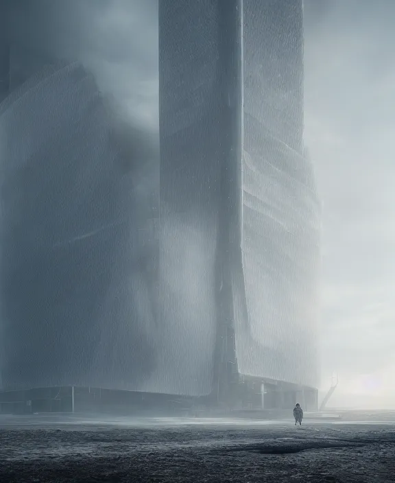 Image similar to surreal covenant tower in the exploration, futuristic white architecture in the beach in iceland, foggy, highly detailed, digital painting, arstation, concept art, hyperealistic octane render, unreal engine,