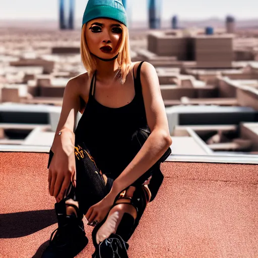 Prompt: photographic portrait of a streetwear woman, closeup, on the rooftop of a futuristic city overlooking a desert oasis, sigma 85mm f/1.4, 4k, depth of field, high resolution, 4k, 8k, hd, full color