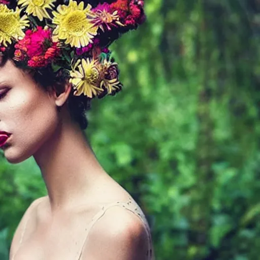 Prompt: magazine photoshoot featuring flowers growing out of of a woman's head