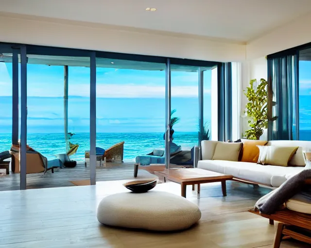 Prompt: A modern living room in a ocean hues style next to a big terrace overlooking the ocean, luxurious wooden coffee table in the center, inspired by the ocean, calm, relaxed style, harmony, wide angle shot, 8k resolution, ultra detailed