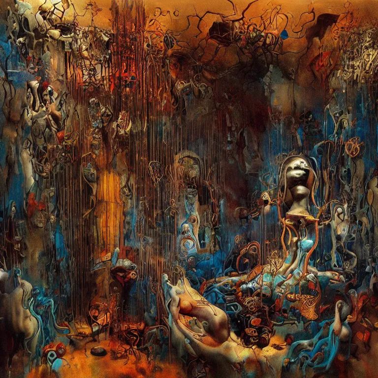 Prompt: room of chaos by salvador dali, dark art by james jean, zdzislaw beksinski, abstract surrealism, deep rich colors, masterpiece