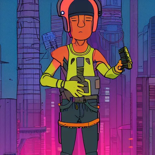 Image similar to in the style of max prentis and deathburger and laurie greasley a young mixed race male explorer wearing a cyberpunk headpiece who is standing on a giant robot head, highly detailed, 8k wallpaper, adventure time colour palette