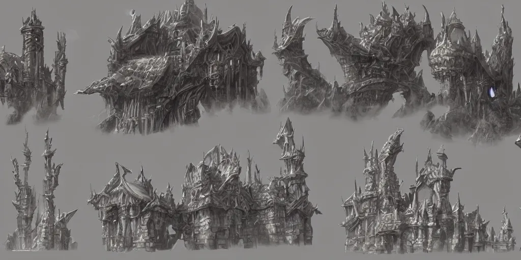 Image similar to a set of fantasy architectural concepts, drawn by yoshitaka aman, world of warcraft, dungeons and dragons, concept art, detailed painting.