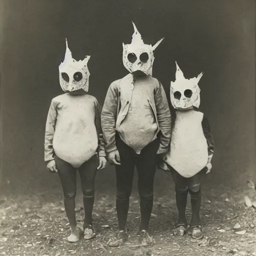 Prompt: portrait of children wearing chicken masks, photograph, style of atget, 1 9 1 0, creepy, dark